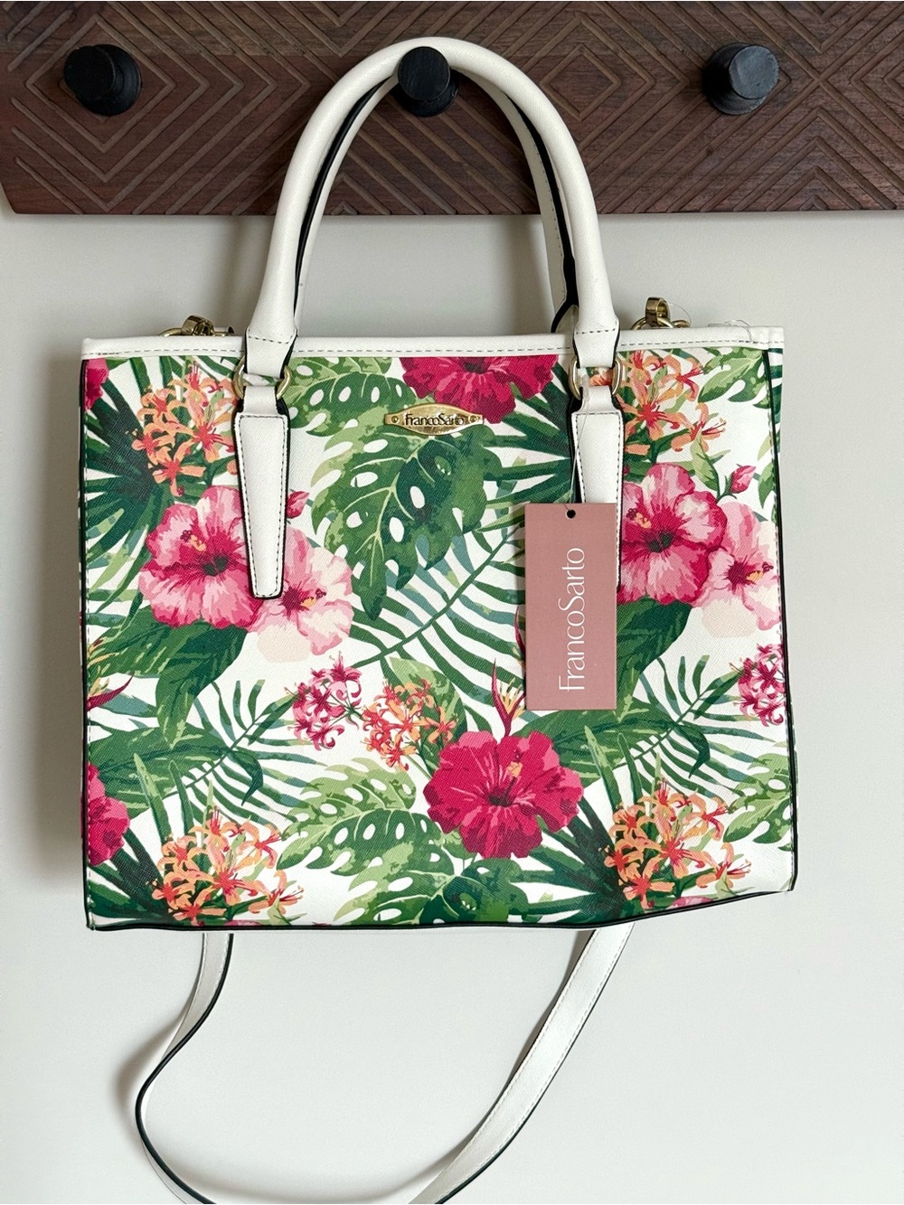 NWT Franco Sarto Palm Paradise Satchel White Multi Faux Leather Tropical Purse